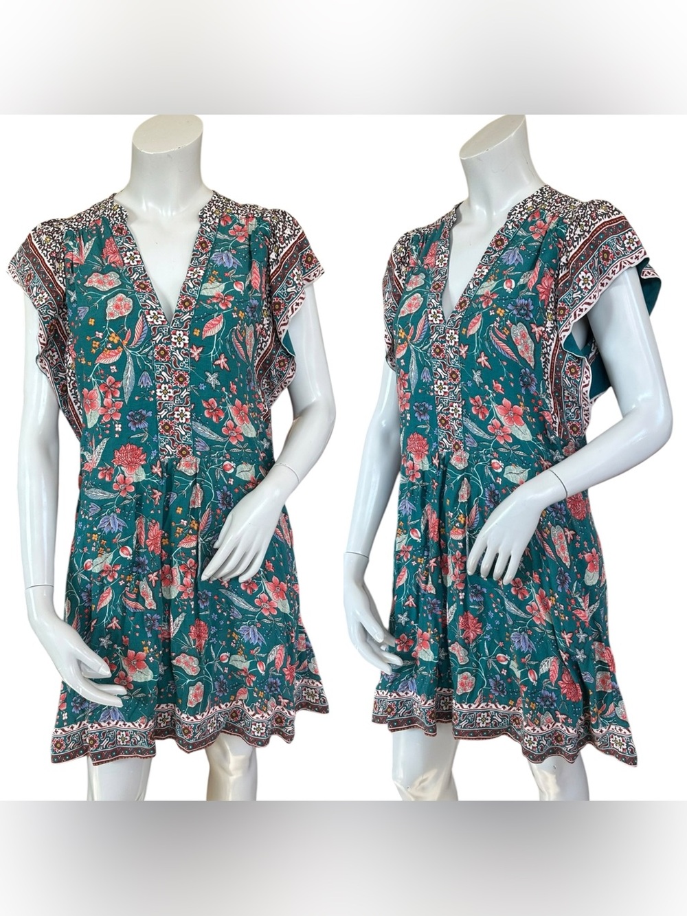 Anthropologie Zenia Paisley Aztec Floral Flowy Babydoll Green Mini Dress Small